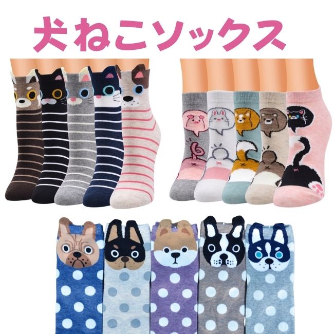 【ワンダフルデー★P5倍】ソックス レディース 靴下 犬 ねこ 動物 アニマル かわいい ソックス まとめて メール便 送料無料