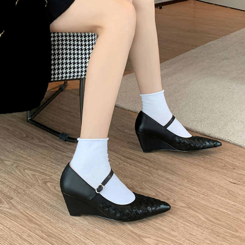 1000円OFFクーポン 美脚 パンプス 編み込み パンプス ストラップ ポインテッドトゥ ウェッジソール パンプス ハイヒール 走れる パンプス ウェッジ 歩きやすい 痛くない ハイヒール 卒業式 入学式 かわいい アーモンドトゥ シューズ FOQW