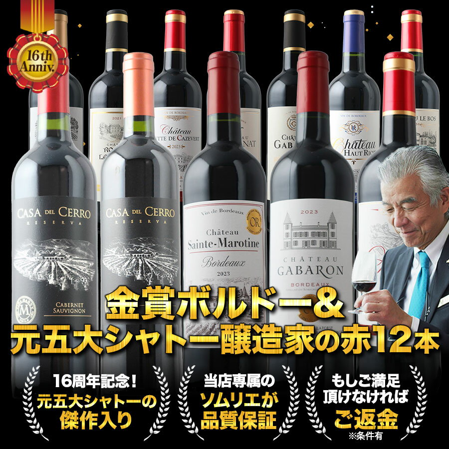 ワインセット 赤ワイン 送料無料 16周年記念！金賞ボルドーと元五大シャトー醸造家の赤ワイン12本セット「11/14更新」【フランスワイン ボルドーワイン チリワイン フランス ボルドー チリ】【ワイン ギフト ソムリエ厳選】 3