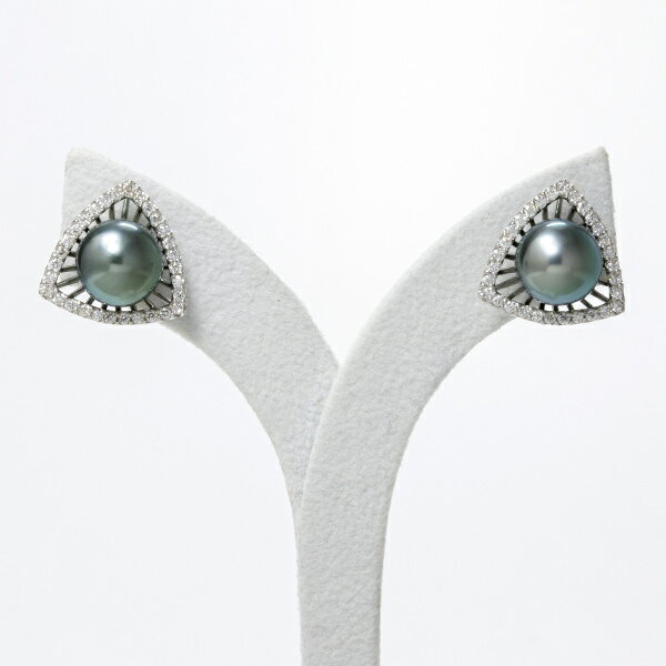 タヒチ黒蝶真珠 ダイヤモンド ピアス -Triangle- 9mmUP AAB グリーン系 K18WG 0.30ct×2 [高品質 LUXE-リュクス] [n6] (黒真珠 ダイヤ 大人リッチ フォーマル パーティー 記念日 真珠婚 プレゼント)