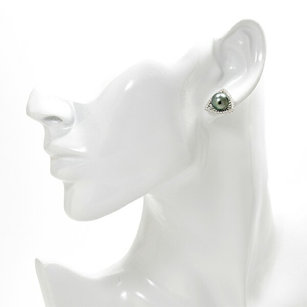 タヒチ黒蝶真珠 ダイヤモンド ピアス -Triangle- 9mmUP AAB グリーン系 K18WG 0.30ct×2 [高品質 LUXE-リュクス] [n6] (黒真珠 ダイヤ 大人リッチ フォーマル パーティー 記念日 真珠婚 プレゼント)