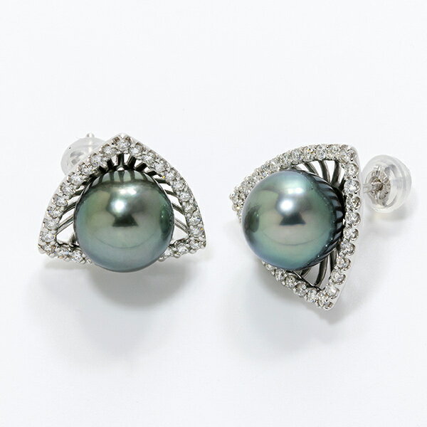 タヒチ黒蝶真珠 ダイヤモンド ピアス -Triangle- 9mmUP AAB グリーン系 K18WG 0.30ct×2 [高品質 LUXE-リュクス] [n6] (黒真珠 ダイヤ 大人リッチ フォーマル パーティー 記念日 真珠婚 プレゼント)