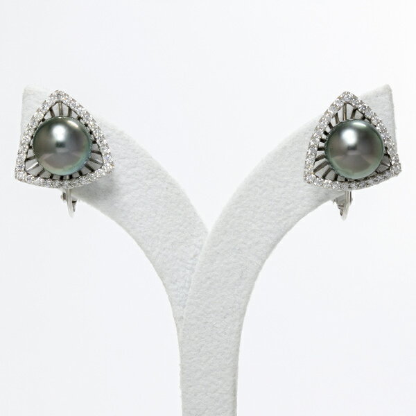 タヒチ黒蝶真珠 ダイヤモンド イヤリング -Triangle- 9mmUP AAB グリーン系 K18WG 0.30ct×2 [高品質 LUXE-リュクス] [n6](黒真珠 ダイヤ 大人リッチ フォーマル 記念日 真珠婚 プレゼント)