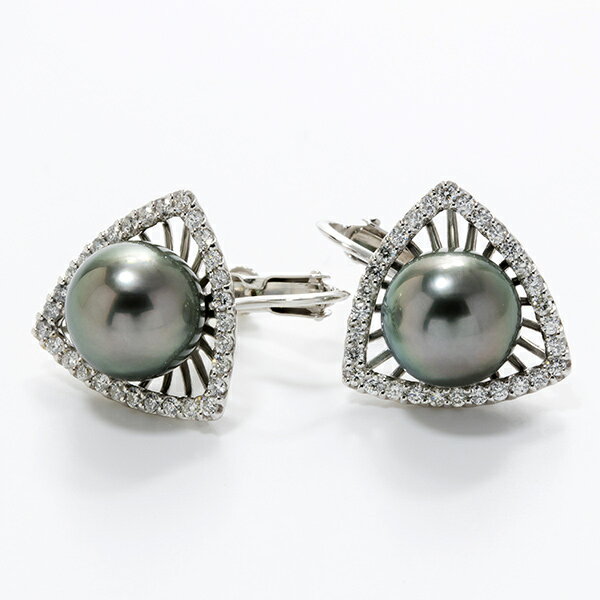 タヒチ黒蝶真珠 ダイヤモンド イヤリング -Triangle- 9mmUP AAB グリーン系 K18WG 0.30ct×2 [高品質 LUXE-リュクス] [n6](黒真珠 ダイヤ 大人リッチ フォーマル 記念日 真珠婚 プレゼント)