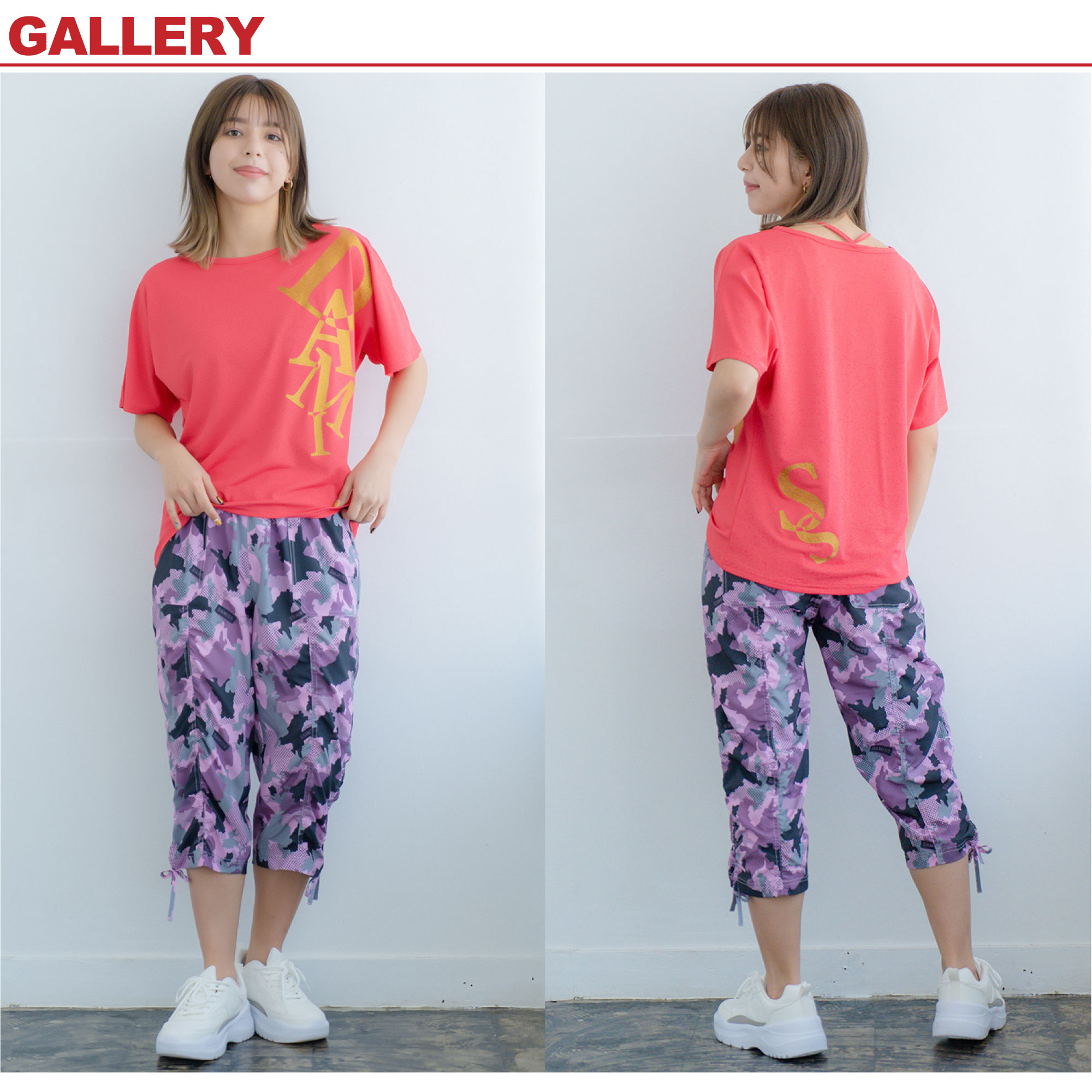 DA MiSS ダミス 全3色×2サイズ リボンシャーリングパンツカプリ迷彩 フィットネス ウェア スポーツ ウェア トレーニング ウェア レディース ダンス エアロ 即日発送