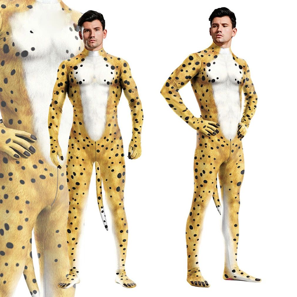 Rakuten - ヒョウ イエロー 全身タイツ 大人用 動物仮装 尻尾付き 連体タイツ コスプレ衣装 面白い仮装 弾力と伸縮性あり コスチューム ハロウイン