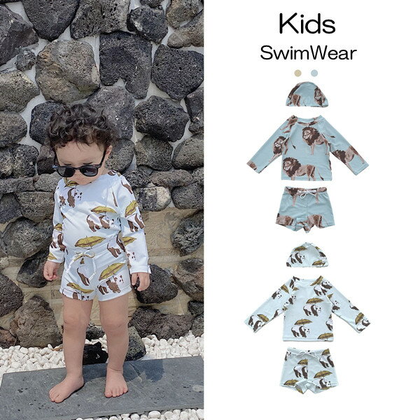 樂天商城 - 水着 ベビー キッズ キャップつき 3点セット 上下セット UV 男の子 子供 ジュニア パンダ ベビースイミング かわいい 2色選択 夏 プール 海 紫外線対策 兄弟 ビーチ 水遊び