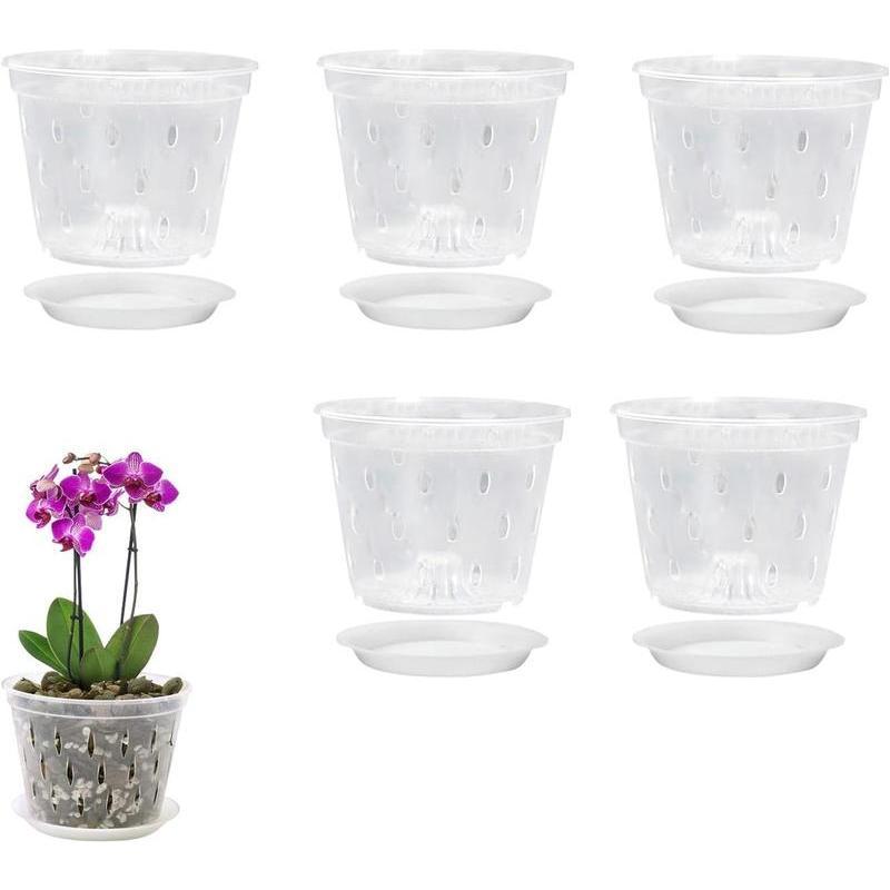 Rakuten - 5PCS オーキッドポット 透明 穴とソーサー付き 胡蝶蘭の植木鉢 約14X10.5Cm オーキッドポット 育苗ポット