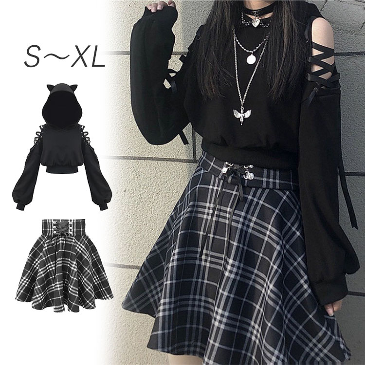 樂天商城 - 超人気 ミニスカート レディース 女の子 スカート チェック柄 猫耳 パーカー ショート丈 ゆったり 裹起毛 フード付き 肩出し トップス 韓国系 原宿 コス ハロウィン 黒 ストリート系