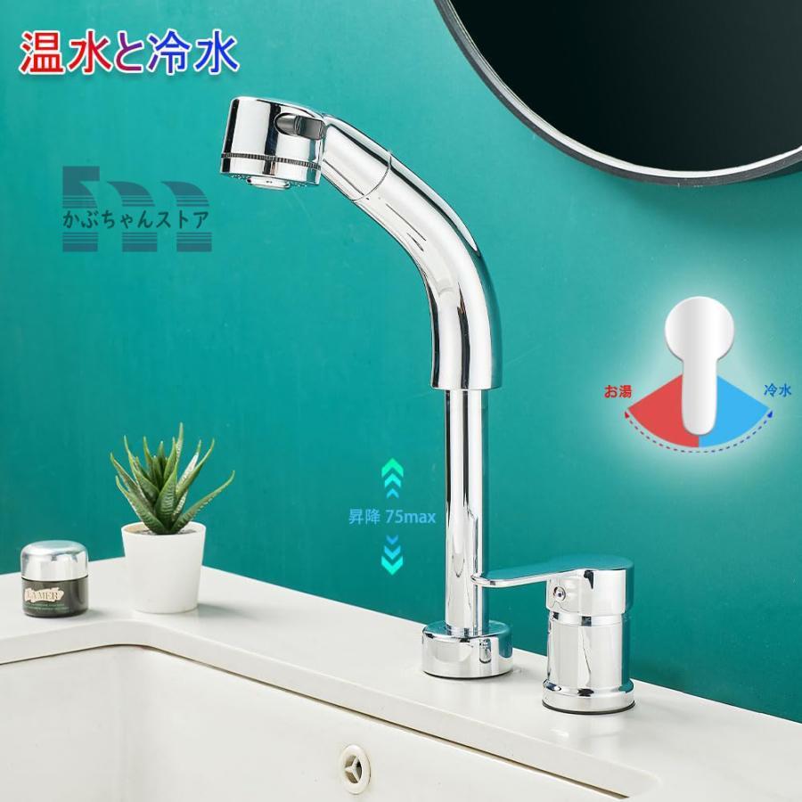 洗面台蛇口 混合水栓 ホース引き出し式 洗面水栓 シングルレバー 洗面用水栓 洗面所 も 360°回転 泡沫 &シャワーが切り替え 台付き2穴