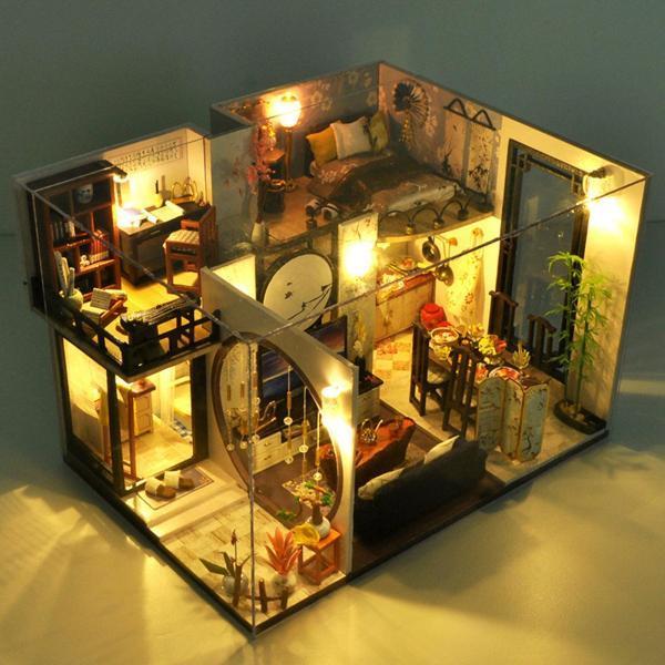 ドールハウスキット中国風家具DIY組み立てインクスタイルミニ3D蘇州LEDクラシック建築ライトミニチュア誕生日クリスマス