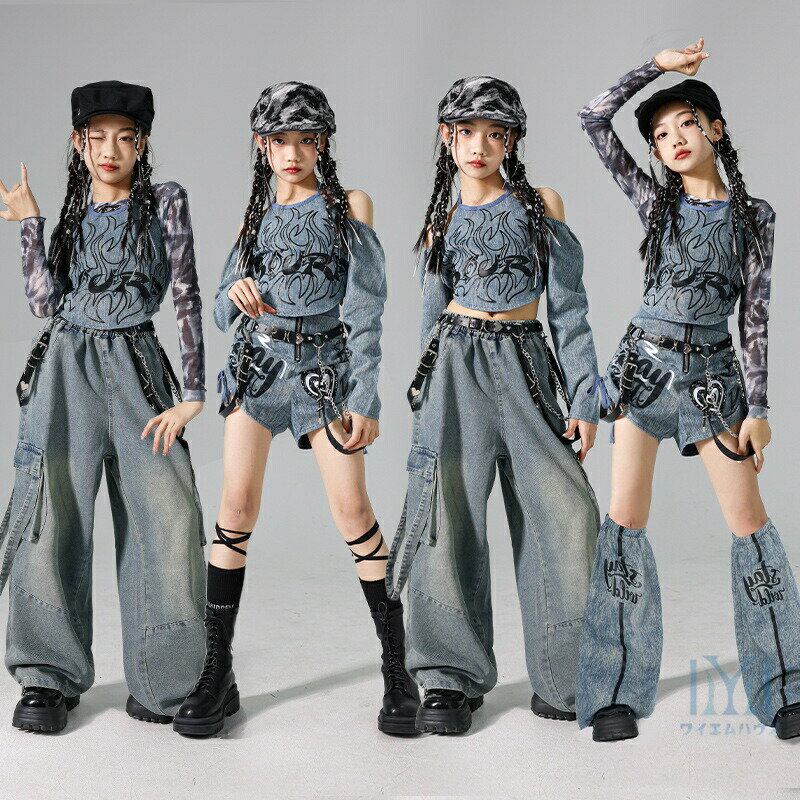 Rakuten - キッズ ダンス衣装 ヒップホップ セットアップ hiphop 女の子 k-pop衣装 長袖トップス デニムパンツ ダンスパンツ ステージ衣装 発表会 ストリート 韓国 ファション 子ども ズボン 長袖