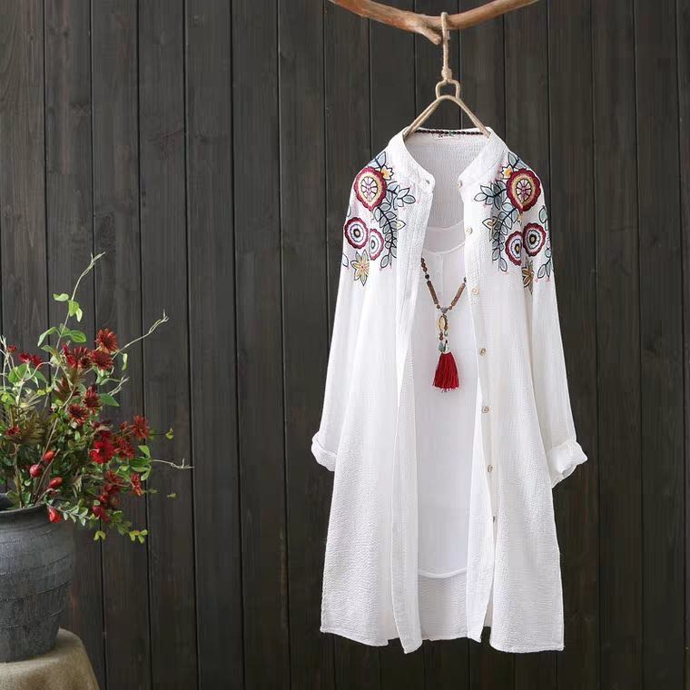Blouses - ロングシャツ レディース 刺繍 ブラウス ノーカラーシャツワンピース シャツワンピ エスニック ワンピースノーカラーシャツ 春夏 春秋 シフォンブラウス 羽織り ロング 長袖 コーデ
