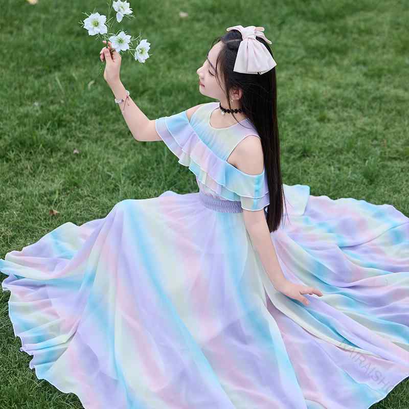 Rakuten - ワンピース 女の子 キッズ ジュニア シフォン素材 レインボー 虹色 柔らかい プリンセスドレス ロング丈 フレア 夏用 お呼ばれ 発表会 フォーマルドレス 子供服 結婚式