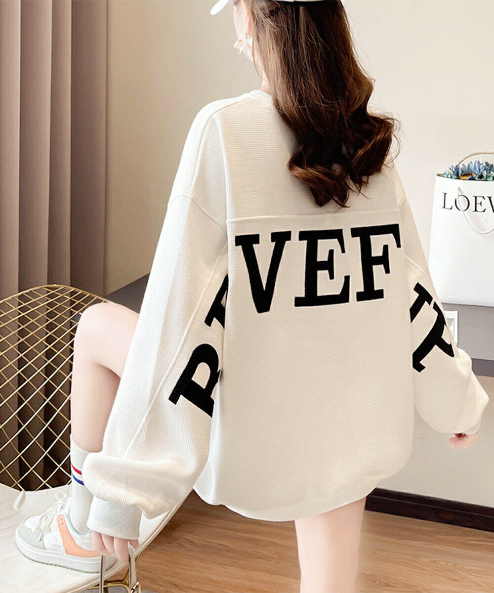 ロゴトレーナーレディースワッフルトップス 韓国風ロングTシャツ ビッグシルエット バックプリント 体型カバーゆるトップス 長袖薄手春秋服クルーネック 90YGL カジュアル