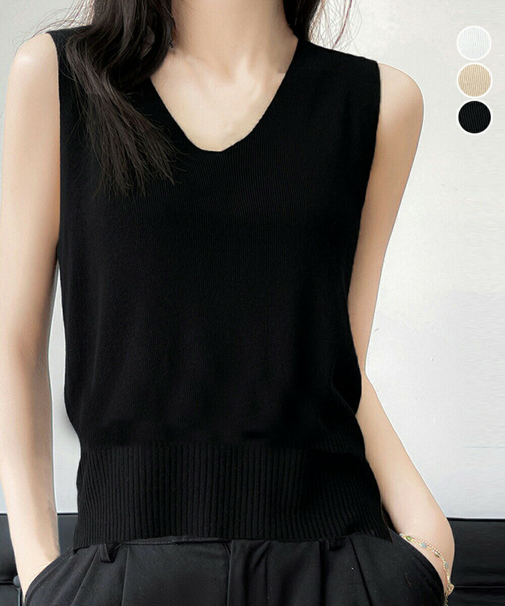 Camisoles - ニットタンクトップ Vネックサマーニット ノンスリーブ シンプル 薄手ニット プチプラ レディース 重ね着インナートップ カジュアル 無地ニットトップス 85YN おしゃれ