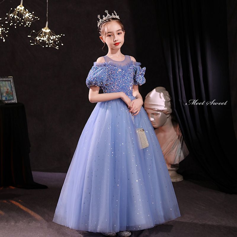 Rakuten - 子供ドレス ロングドレス ピアノ発表会 ワンピース 結婚式 キッズドレス プリンセス 演奏会 フォマール 女の子 パーディードレス ガールズ 青 ブルー イベント
