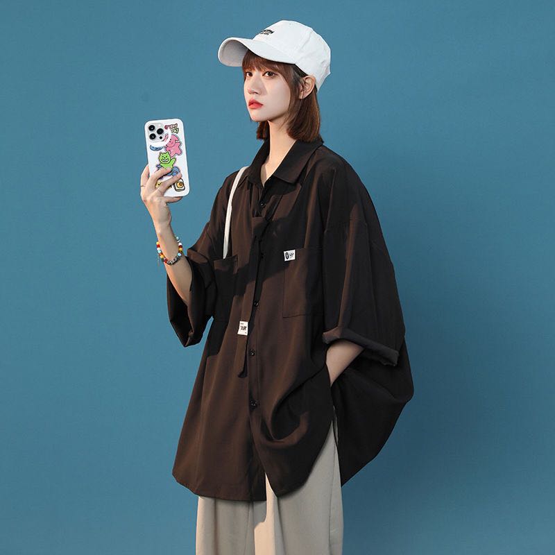 Rakuten - レディース シャツ トップス ネクタイ付き 韓国風 カジュアル 夏 ゆったり 半袖 無地 大きいサイズ ビッグシルエットシ ゆったりシャツ レディース半袖シャツ 可愛いLUDA217