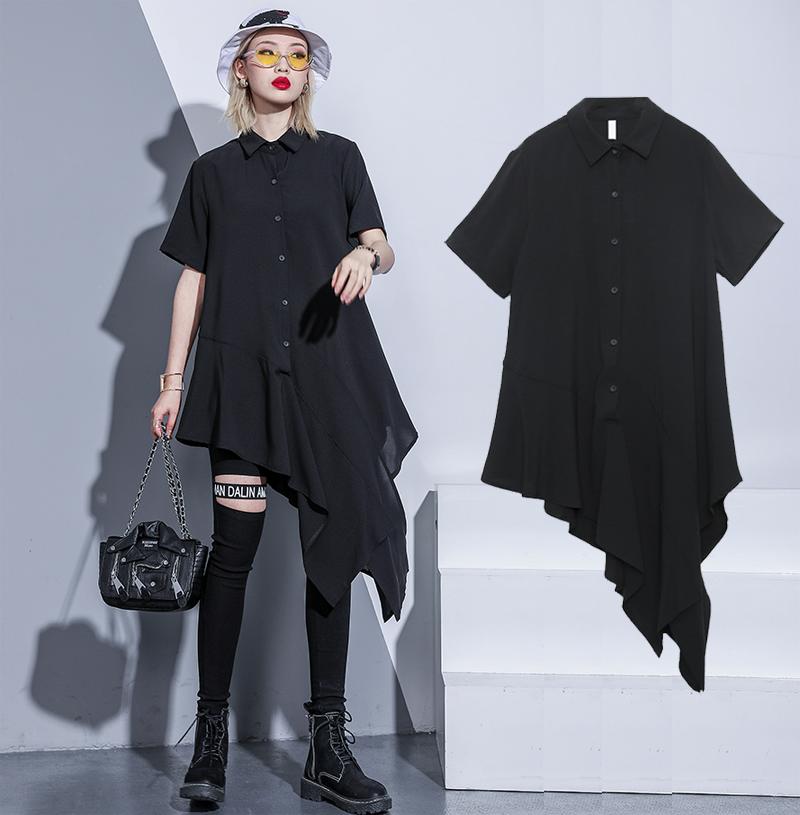 樂天商城 - アシンメトリーワンピース ロングシャツ レディース 春 夏 秋 半袖 アシンメトリーシャツ ロング シャツワンピース モード系 個性的 無地 大きいサイズ おしゃれ 変形デザイン