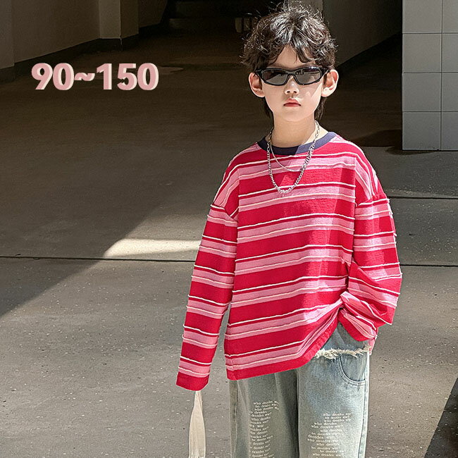 樂天商城 - 限定 韓国子供服 ロングTシャツ ロンT トップス スウェット 綿100% 長袖 ゆったり 子供 男の子 小学生 中学生 ボーダー柄 カジュアル 保育園 通園 春 秋 冬 90 120 110 100