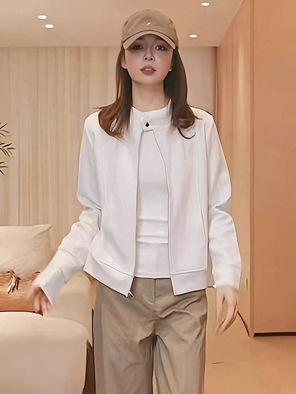 Rakuten - ブルゾン ジャケット レディース 春 秋 ジップアップ きれいめ ショート丈 ライトアウター 羽織り 長袖 カジュアル 無地 ホワイト おしゃれ 事務 ジャンパー 軽アウター トップス 通勤