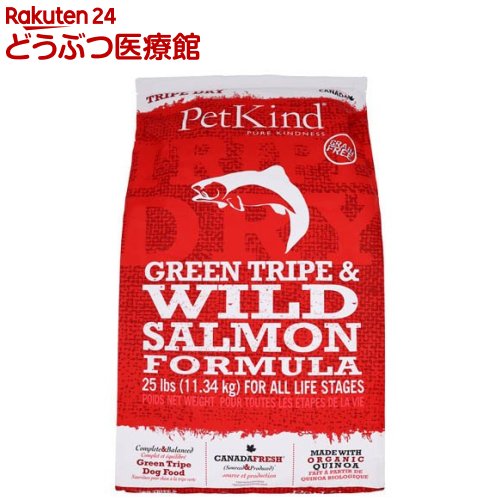 お店TOP＞ドッグフード(ドライフード)＞その他＞PK TripeDry グリーントライプ＆ワイルドサーモン (11.34kg)【PK TripeDry グリーントライプ＆ワイルドサーモンの商品詳細】●ラムトライプとサーモンが原料のドライフード。●グレイン＆グルテン不使用、注目素材「キノア」配合。●グリーントライプには犬に必要なアミノ酸、必須脂肪酸、ビタミン、ミネラルが豊富に含まれています。【使用方法】犬の体重：一日の給餌量1〜5kg：35〜115g6〜10kg：120〜170g11〜15kg：175〜220g16〜25kg：225〜310g26〜40kg：315〜435g【子犬への与え方】1.5〜3か月：成犬の2倍3〜6か月：成犬の1.5倍6〜11か月：成犬の1.25倍総合栄養食のため、ドライフードだけで与えて頂いても問題ありませんが、ペットカインドの缶詰との併用をお勧めします。【PK TripeDry グリーントライプ＆ワイルドサーモンの原材料】ラムトライプ、サーモン、エンドウ豆、エンドウ豆澱粉、七面鳥ミール、エンドウ豆タンパク、キャノーラオイル(ローズマリー抽出物による保存処理)、亜麻仁、ナチュラルフレーバー、キノア、カボチャ、ホウレンソウ、ニンジン、ブロッコリー、クランベリー、りんご、ブルーベリー、バナナ、炭酸カルシウム、塩化ナトリウム、リン酸二カルシウム、塩化カリウム、サーモンオイル(混合トコフェロールによる保存処理)、チコリ根、塩化コリン、ビタミン(ビタミンA、ビタミン D3、ビタミンE、ナイアシン、パントテン酸カルシウム、リボフラビン、硝酸チアミン、塩化ピリドキシン、葉酸、ビタミン B12) 、ミネラル(硫酸亜鉛、硫酸鉄、亜鉛タンパク化合物、鉄タンパク化合物、硫酸銅、酸化マンガン、銅タンパク化合物、マンガンタンパク化合物、ヨウ素酸カルシウム、亜セレン酸ナトリウム)、タウリン、乾燥ラクトバチルス・アシドフィラス発酵物、乾燥ラクトバチルス・カゼイ発酵物、乾燥ビフィズス菌ビフィダム・サーモフィラム発酵物、乾燥ストレプトコッカス・フェシウム発酵物、ユッカシジケラ、ローズマリー、トウガラシ、ペパーミント、タイム、緑茶抽出物【栄養成分】粗タンパク質：30.0％以上、粗脂質：16.0％以上、粗繊維質：4.0％以下、水分：10.0％以下、粗灰分：7.0％以下、リン：0.8％以上、マグネシウム：0.10％以下、タウリン：2790mg／kg以上、オメガ6：2.3％以上、オメガ3：1.9％以上359.6kcaL／100g【保存方法】開封後はチャックを閉めたうえで直射日光を避け、涼しく乾燥した場所で保管してください。【発売元、製造元、輸入元又は販売元】リードバディリニューアルに伴い、パッケージ・内容等予告なく変更する場合がございます。予めご了承ください。・JAN：882978700003リードバディ〒658-0022 兵庫県神戸市東灘区深江南町4丁目10-25078-414-3255広告文責：楽天グループ株式会社電話：050-5306-1825[その他]