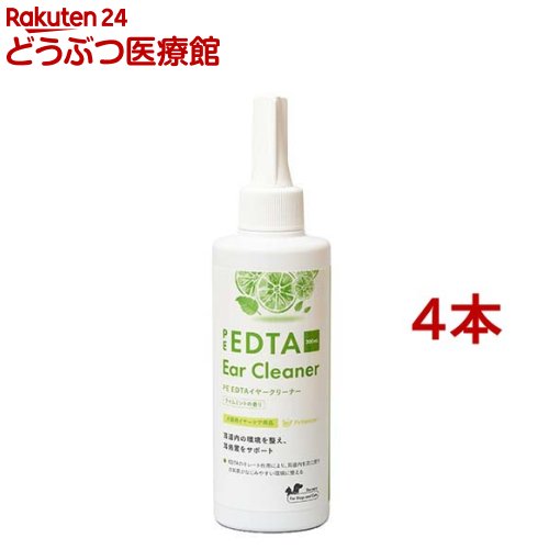 お店TOP＞ケア用品＞目・耳＞耳＞PE EDTAイヤークリーナー ライムミントの香り (200ml*4本セット)【PE EDTAイヤークリーナー ライムミントの香りの商品詳細】●耳垢を軟化・除去しやすくし、耳道内の清潔を保つ・ライムミントの香り・PE イヤークレンジングの洗浄液として【使用方法】(1)外耳道内に本液剤を滴下します。(2)耳の付け根を優しくマッサージしてください。(3)その後余分な液を脱脂綿などでふき取ってください。(4)通常のケアには週に1〜2回を目安にご使用ください。汚れがひどい場合はPE イヤークレンジングとの併用がオススメです。その際は複数回しっかりと洗浄を行ってください。【成分】水、グリセリン、PEG-60水添ヒマシ油、サリチル酸Na、EDTA-2Na、香料、pH調整剤(200ml中)サリチル酸Na：2g、EDTA-2Na：0.24g【注意事項】・本製品を使用し耳道や耳介に異常が見られた場合は、直ちに使用を中止し、かかりつけの獣医師にご相談ください。・鼓膜消失や鼓膜穿孔等の鼓膜に異常のある犬・猫には使用しないでください。・犬・猫の目等に入らないようにしてください。目に入った場合はすぐに洗い流してください。・犬・猫にノズル部分を噛ませないようにしてください。・本製品は犬・猫専用です。・室温で保管してください。・高温多湿・直射日光を避けて保管してください。・小児の手の届かないところに保管してください。【発売元、製造元、輸入元又は販売元】QIX(キックス／獣医系)※説明文は単品の内容です。リニューアルに伴い、パッケージ・内容等予告なく変更する場合がございます。予めご了承ください。・単品JAN：4562305931480・JAN：568151QIX(キックス／獣医系)東京都町田市森野1‐24‐13ギャランフォトビル4階042-860-7462広告文責：楽天グループ株式会社電話：050-5306-1825[目・耳]