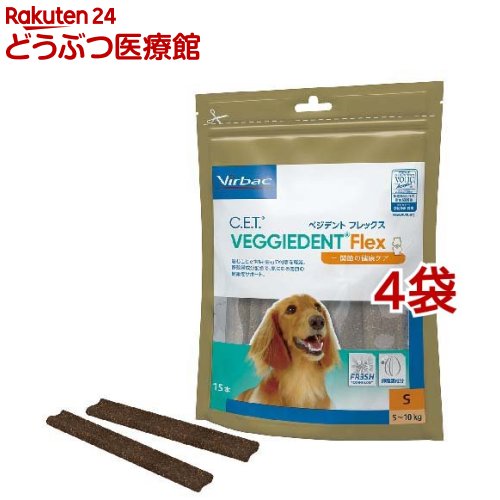 お店TOP＞おやつ＞その他＞ビルバック C.E.T.ベジデントフレックス 犬用 S (15本入*4袋セット)【ビルバック C.E.T.ベジデントフレックス 犬用 Sの商品詳細】●関節の健康維持ケアのため「おやつ型サプリメント」●「卵殻膜」配合【使用方法】・デンタルケアの一環として1日1本を目安に与える・おやつ代わりやご褒美として1日1本を目安に与える【ビルバック C.E.T.ベジデントフレックス 犬用 Sの原材料】コーンスターチ、グリセリン、大豆タンパク、米粉、ビール酵母、甘味料(ソルビトール)、トウモロコシ抽出物、エリスリトール、卵殻膜、保存料(ソルビン酸カリウム)、精製水、イヌリン、ザクロエキス【栄養成分】エネルギー：約44kcal(Sサイズ)タンパク質：18.4％以上、脂質：0.4％以上、粗繊維：2.0％以下、灰分：2.3％以下、水分：14.2％以下【注意事項】・直射日光と高温多湿の場所を避けて保存して下さい。・小児の手の届かないところに保管をして下さい。【ブランド】ビルバック【発売元、製造元、輸入元又は販売元】ビルバックジャパン※説明文は単品の内容です。リニューアルに伴い、パッケージ・内容等予告なく変更する場合がございます。予めご了承ください。・単品JAN：4535023303723・JAN：556326ビルバックジャパン541-0047 大阪府大阪市中央区淡路町1-3-1406-6203-3148広告文責：楽天グループ株式会社電話：050-5306-1825[その他/ブランド：ビルバック/]