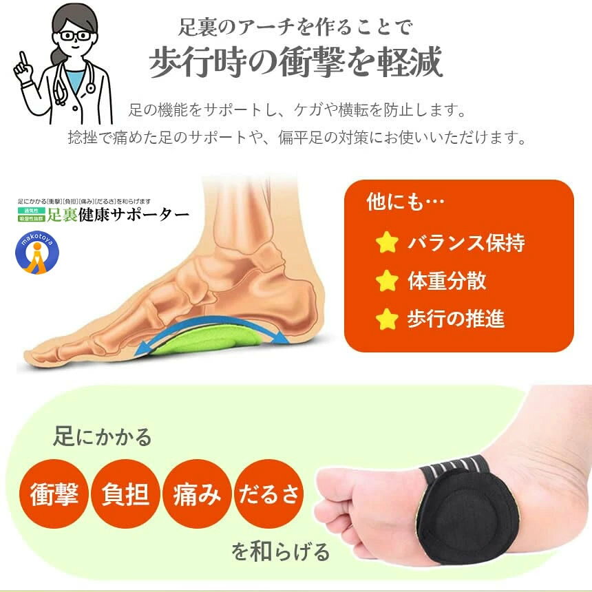 5個セット 足裏 サポーター アーチ 扁平足 土踏まず 浮指 衝撃 男女兼用 吸収 パッ...