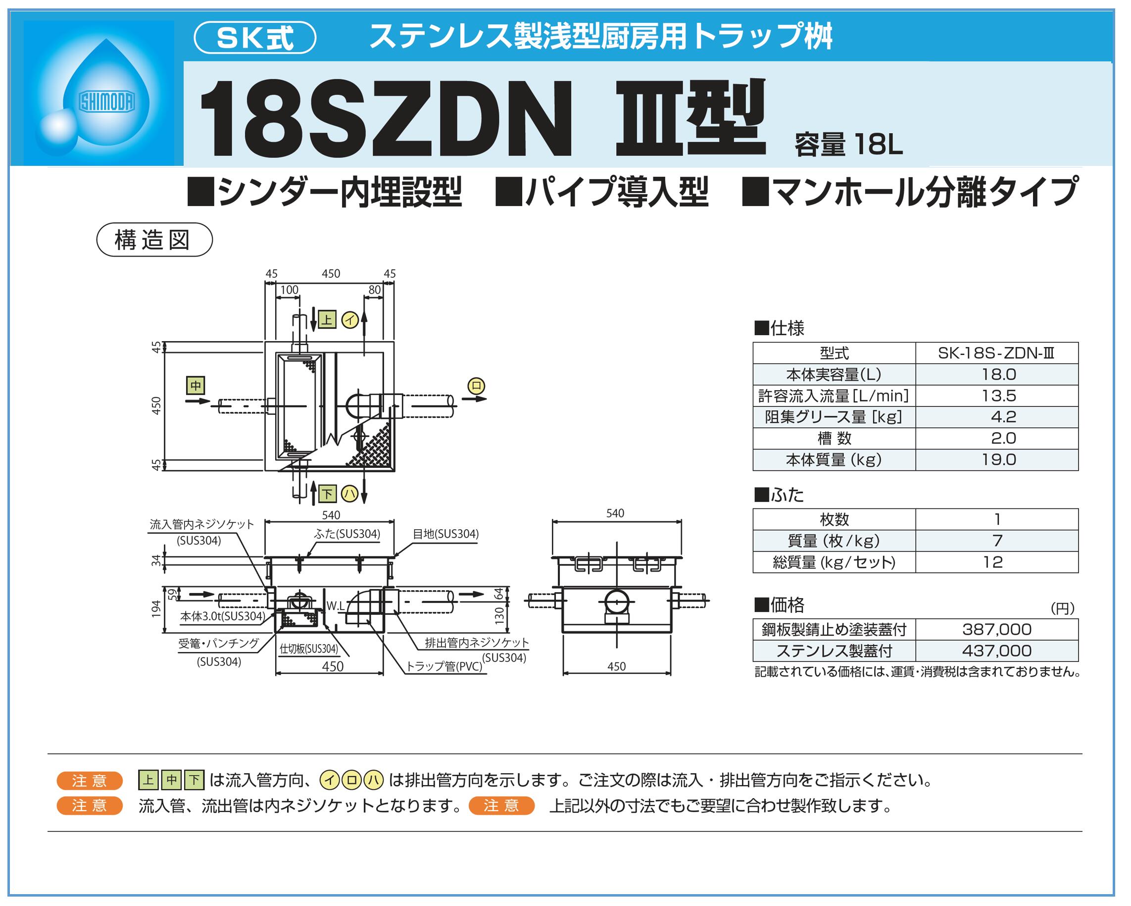 下田エコテック ステンレス製浅型厨房用トラップ桝 18SZN I型 SK-18S-ZDN-III　鋼板製錆止め塗装蓋付(蓋オプション可)