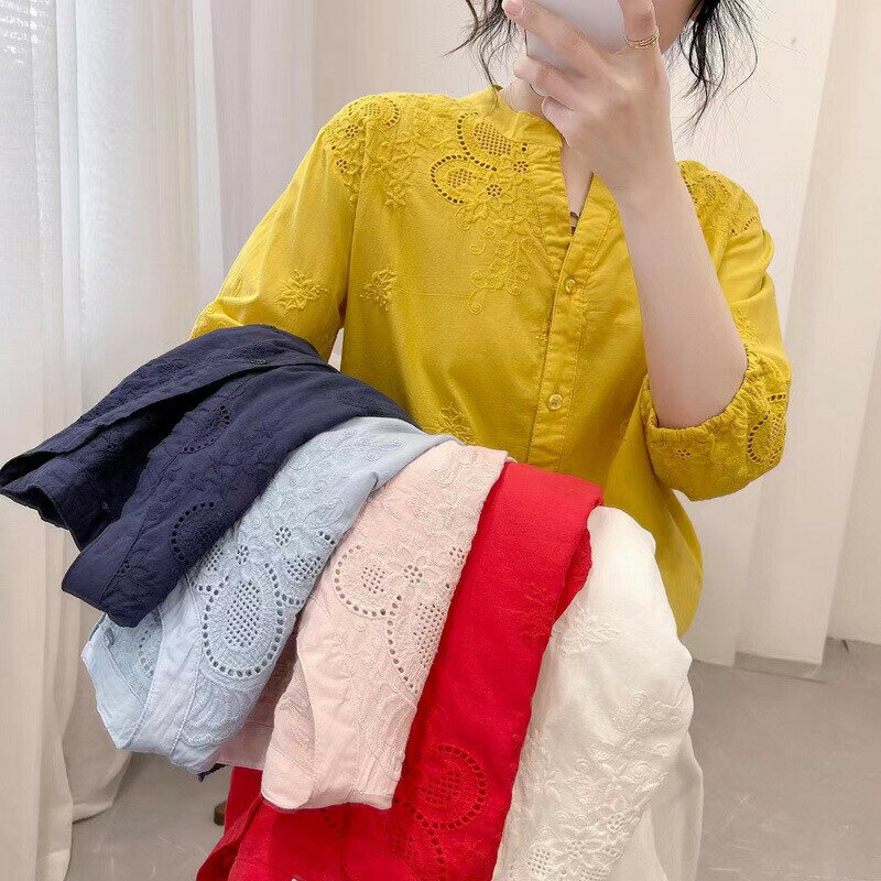 乐天商城 - レディース ブラウス 長袖 刺繍 シャツ 七分袖 コットン100% 体型カバー ナチュラル 大人可愛い シンプル カジュアル トップス 春 夏 秋 ブルー ホワイト ピンク レッド ネイビー イエロー M L XL 2XL