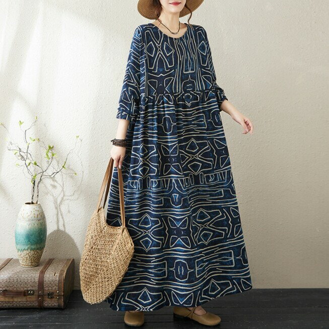 乐天商城 - 綿麻 ワンピース レディース ロング丈 7分袖 ゆったり 体型カバー Aライン フレア 森ガール風 ナチュラル 大きいサイズ 夏 秋 冬 春 マキシ丈 カジュアル おしゃれ 可愛い 花柄 幾何学模様 大人 上品 リゾート ワンマイルウェア Fサイズ