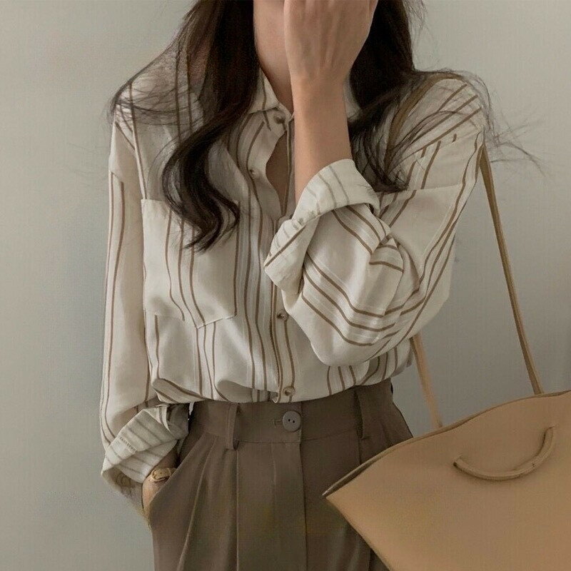 楽天市場】ストライプシャツ ブラウン 長袖（レディースファッション