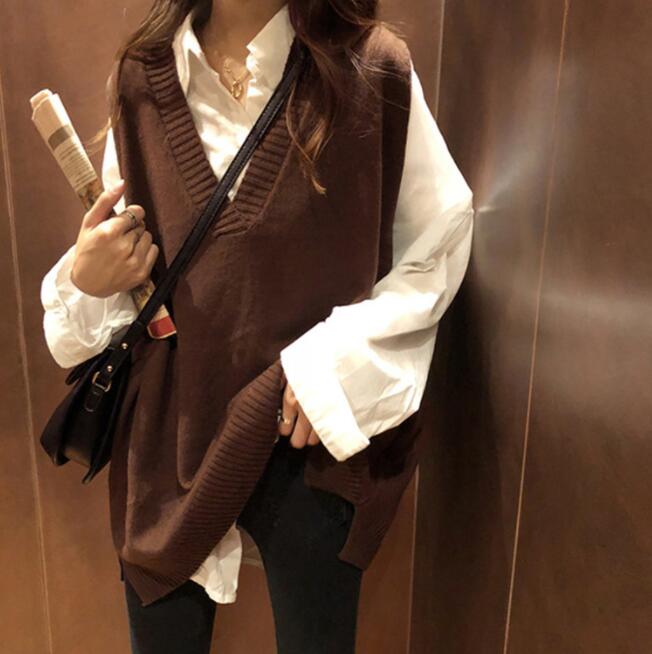 乐天商城 - レディース ニットベスト Vネック セーター ベスト 重ね着風 ゆったり 無地 韓国風 体型カバー 秋冬 トップス おしゃれ オーバーサイズ ノースリーブニット 学生 通勤 通学 ブラック あんず グレー コーヒー