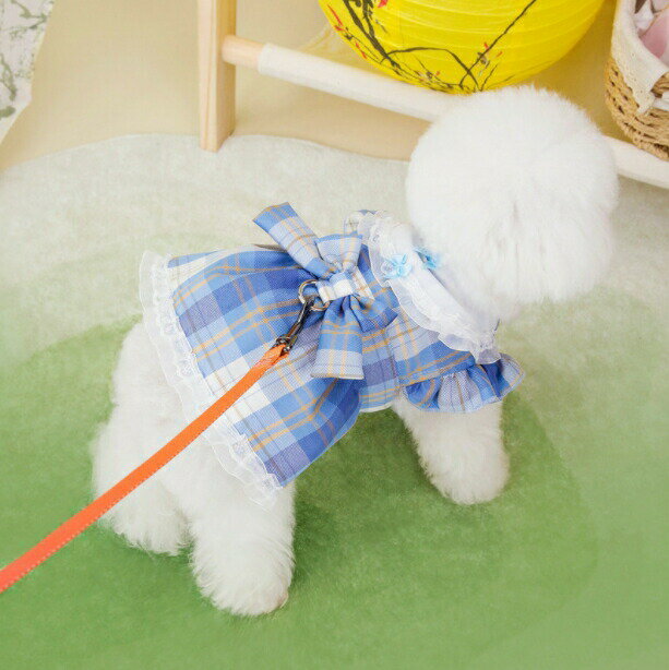 犬 服 ワンピース チェック柄 フリル リボン ドッグウェア ハーネス一体型 リード...