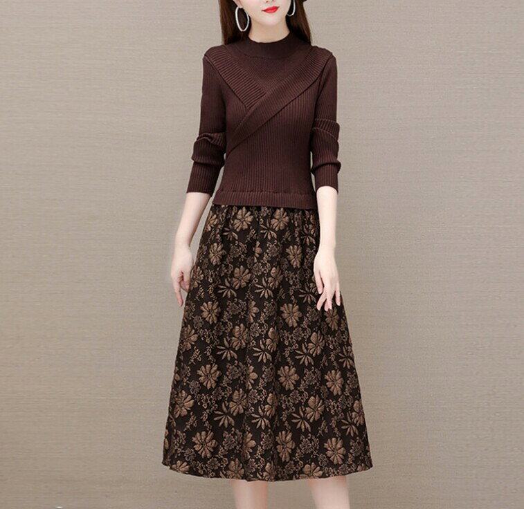 乐天商城 - レディース ワンピース 長袖 ニット切り替え 花柄スカート ロング丈 きれいめ 上品 体型カバー 秋冬 大人女子 フォーマル 通勤 結婚式 二次会 コーヒー ブラック Fサイズ おしゃれ 20代 30代 40代 50代