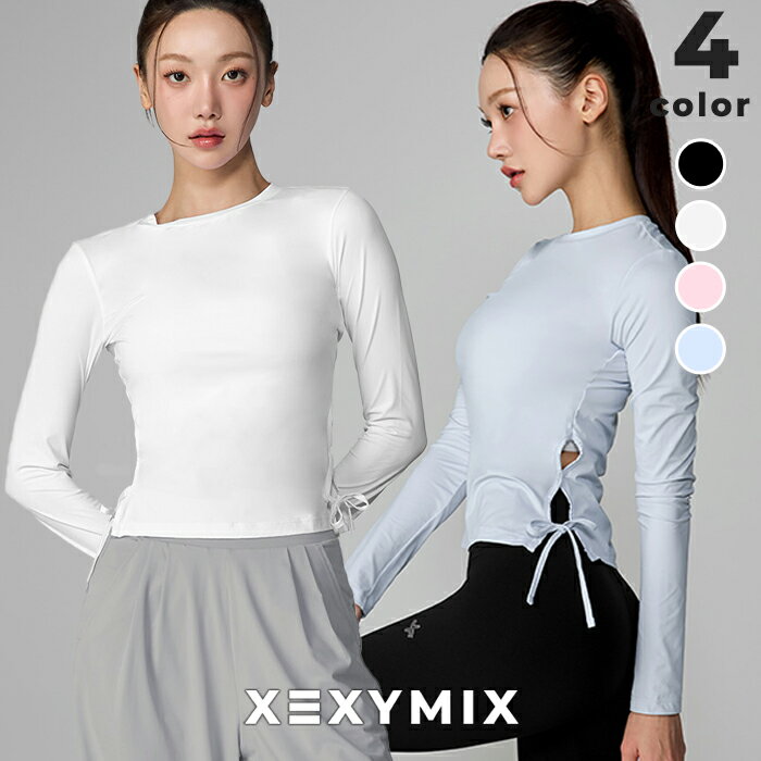 樂天商城 - ゼクシィミックス xexymix 長袖 接触冷感 サイドリボン付き クロップド丈 ウンドヘム UVカット ピラティスウェア ヨガウェア かわいい トップス スポーツウェア レディース ジムウェア ランニングウェア ゼクシーミックス xfl2tl1001