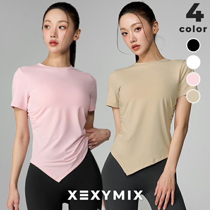 樂天商城 - ゼクシィミックス xexymix 半袖 シャーリング レギュラーフィット 接触冷感 UVカット ピラティスウェア ヨガウェア かわいい トップス スポーツウェア レディース ジムウェア ランニングウェア ゼクシーミックス xfl2ts1004