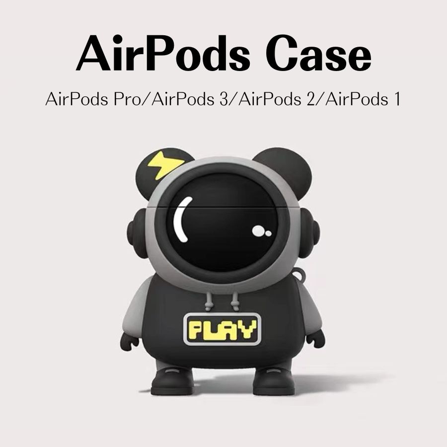 Airpodsケース 宇宙飛行士 黒 Airpods Pro ケース 宇宙 Airpods 第3世代 ケース Airpods 第2世代 ケース Airpods 第1世代 ケース カワイイ カッコイイ 男女 人気 イラスト アップル エアポッズ 保護ケース カバー ブラック カラビナ 落下防止 ストラップホール