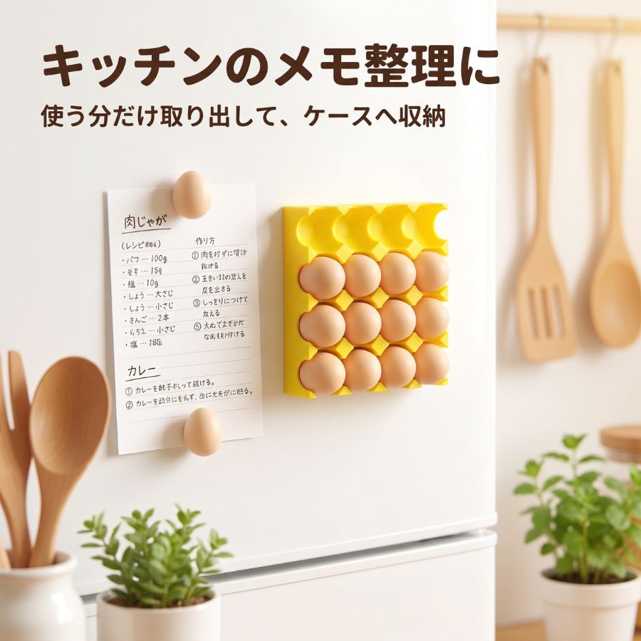 商品詳細 仕様 #222222"> 商品名：冷蔵庫マグネット 素　材：合成樹脂、強力磁石 カラー：マルチカラー（デザインにより異なる） 形　状：卵型 数　量：マグネット 12個（卵型）x1セット、専用収納ケースx1個 マグネットサイズ（1個あたり）：約 縦1.5cmx直径1.2cm 磁石強度：一般的な冷蔵庫・スチールボード・ホワイトボードにしっかり吸着（A4用紙約3〜5枚まで保持可能） おすすめポイント 【ユニークなデザイン（リアルな卵パックのミニチュア）】 まるで本物の卵パックを縮小したかのような愛らしい造形。デスクやキッチンに置くだけで、日常の風景がパッと華やぎ、見るたびに思わず笑顔になる遊び心あふれるアイテムです。 【優れた実用性（強力磁石でしっかり固定）】 背面に内蔵された強力な小型磁石が、メモやレシピ、大切な写真を冷蔵庫やスチールボードにピタッとしっかり保持。落ちる心配がなく、大切な情報をいつでも目につく場所に整理できます。 【便利な収納設計（ケースごとインテリアに）】 使わないときは卵の殻の形をしたマグネットを専用ケースにきれいに収納。バラバラになってなくす心配が一切なく、ケース自体が可愛いインテリア雑貨としても成立します。 注意事項 ・注文確定後、お客様都合の交換・キャンセルは対応できかねます。 ・在庫状況は全国複数の店舗で共有する為、売り切れの可能性がありますので、予めご了承ください。 ・モニターの発色具合により、実際の商品の色と異なって見える場合がございます。 ・なお、天候や災害、諸手続きなどにより、スムーズな配送が出来ない場合もまれにございます。 関連ワード マグネット 卵 ケース 収納 可愛い ミニチュア たまご 冷蔵庫マグネット 強力マグネット メモ固定 整理グッズ ユニーク 文房具 デスクアクセサリー 卵パック マグネットセット 12個入り 冷蔵庫 飾り レシピホルダー 雑貨 プレゼント マグネット ギフト 面白い スチールボード 写真掲示 オフィス雑貨 マグネット収納ケース 紛失防止 インテリア 食品サンプル風 マグネット コレクション キッチンの冷蔵庫にレシピを貼る オフィスのスチールデスクにスケジュールを掲示 玄関のホワイトボードに家族の連絡メモ 子供の作品や写真を冷蔵庫に飾る デスク周りのコードやメモを整理 カフェの掲示板にフライヤーを展示 自宅のスチールラックに買い物リストを固定 シェアオフィスの共有スペースで情報共有 キッチンカウンターでレシピ本のページ留め ギャラリー風にポストカードを壁面装飾 新居祝い キッチン雑貨 可愛いギフト 友人へ プチギフト ユニーク文房具 引っ越し祝い 実用＆インテリア雑貨 母の日 キッチンを彩る プレゼント クリスマス交換会 手軽で喜ばれる品 バレンタイン お返し 面白い雑貨 コレクター 友人への 特別な贈り物 オフィス 同僚 への ちょっとしたお礼 新生活応援 一人暮らし 必須アイテム 誕生日 マグネット好き な人へ XFUN 公式 楽天ショップ▲▲▲　XFUNのおすすめ　▲▲▲