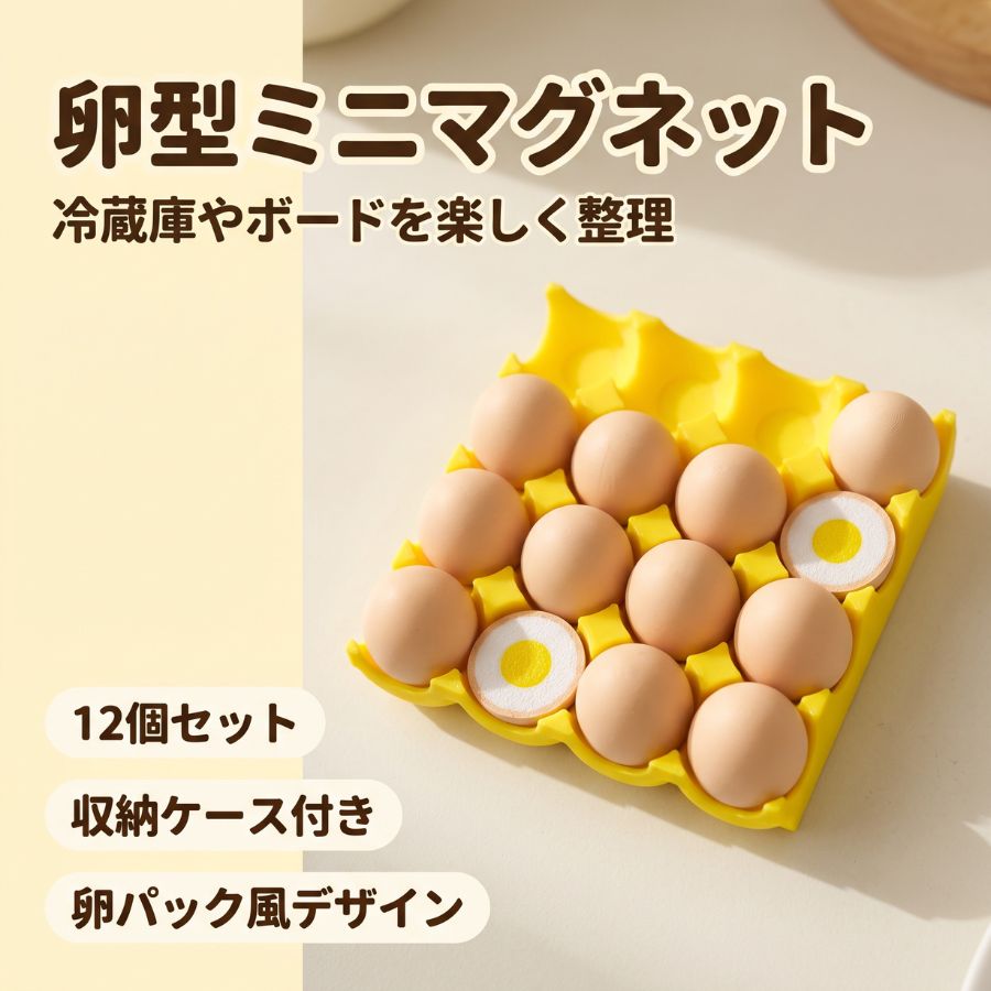 商品詳細 仕様 #222222"> 商品名：冷蔵庫マグネット 素　材：合成樹脂、強力磁石 カラー：マルチカラー（デザインにより異なる） 形　状：卵型 数　量：マグネット 12個（卵型）x1セット、専用収納ケースx1個 マグネットサイズ（1個あたり）：約 縦1.5cmx直径1.2cm 磁石強度：一般的な冷蔵庫・スチールボード・ホワイトボードにしっかり吸着（A4用紙約3〜5枚まで保持可能） おすすめポイント 【ユニークなデザイン（リアルな卵パックのミニチュア）】 まるで本物の卵パックを縮小したかのような愛らしい造形。デスクやキッチンに置くだけで、日常の風景がパッと華やぎ、見るたびに思わず笑顔になる遊び心あふれるアイテムです。 【優れた実用性（強力磁石でしっかり固定）】 背面に内蔵された強力な小型磁石が、メモやレシピ、大切な写真を冷蔵庫やスチールボードにピタッとしっかり保持。落ちる心配がなく、大切な情報をいつでも目につく場所に整理できます。 【便利な収納設計（ケースごとインテリアに）】 使わないときは卵の殻の形をしたマグネットを専用ケースにきれいに収納。バラバラになってなくす心配が一切なく、ケース自体が可愛いインテリア雑貨としても成立します。 注意事項 ・注文確定後、お客様都合の交換・キャンセルは対応できかねます。 ・在庫状況は全国複数の店舗で共有する為、売り切れの可能性がありますので、予めご了承ください。 ・モニターの発色具合により、実際の商品の色と異なって見える場合がございます。 ・なお、天候や災害、諸手続きなどにより、スムーズな配送が出来ない場合もまれにございます。 関連ワード マグネット 卵 ケース 収納 可愛い ミニチュア たまご 冷蔵庫マグネット 強力マグネット メモ固定 整理グッズ ユニーク 文房具 デスクアクセサリー 卵パック マグネットセット 12個入り 冷蔵庫 飾り レシピホルダー 雑貨 プレゼント マグネット ギフト 面白い スチールボード 写真掲示 オフィス雑貨 マグネット収納ケース 紛失防止 インテリア 食品サンプル風 マグネット コレクション キッチンの冷蔵庫にレシピを貼る オフィスのスチールデスクにスケジュールを掲示 玄関のホワイトボードに家族の連絡メモ 子供の作品や写真を冷蔵庫に飾る デスク周りのコードやメモを整理 カフェの掲示板にフライヤーを展示 自宅のスチールラックに買い物リストを固定 シェアオフィスの共有スペースで情報共有 キッチンカウンターでレシピ本のページ留め ギャラリー風にポストカードを壁面装飾 新居祝い キッチン雑貨 可愛いギフト 友人へ プチギフト ユニーク文房具 引っ越し祝い 実用＆インテリア雑貨 母の日 キッチンを彩る プレゼント クリスマス交換会 手軽で喜ばれる品 バレンタイン お返し 面白い雑貨 コレクター 友人への 特別な贈り物 オフィス 同僚 への ちょっとしたお礼 新生活応援 一人暮らし 必須アイテム 誕生日 マグネット好き な人へ XFUN 公式 楽天ショップ▲▲▲　XFUNのおすすめ　▲▲▲