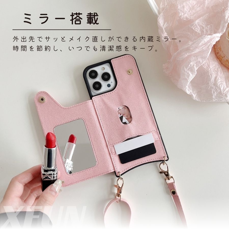 iPhone16 ケース ショルダー ストラップ iphone15 ケース ミラー iphone14 ケース iphone13 ケース iphone12 ケース iphone11 ケース レザー 背面 カード入れ カード 肩掛け アイフォン ケース 鏡 軽い 柔らか スタンド 可愛い カメラ保護 通勤 大人かわいい