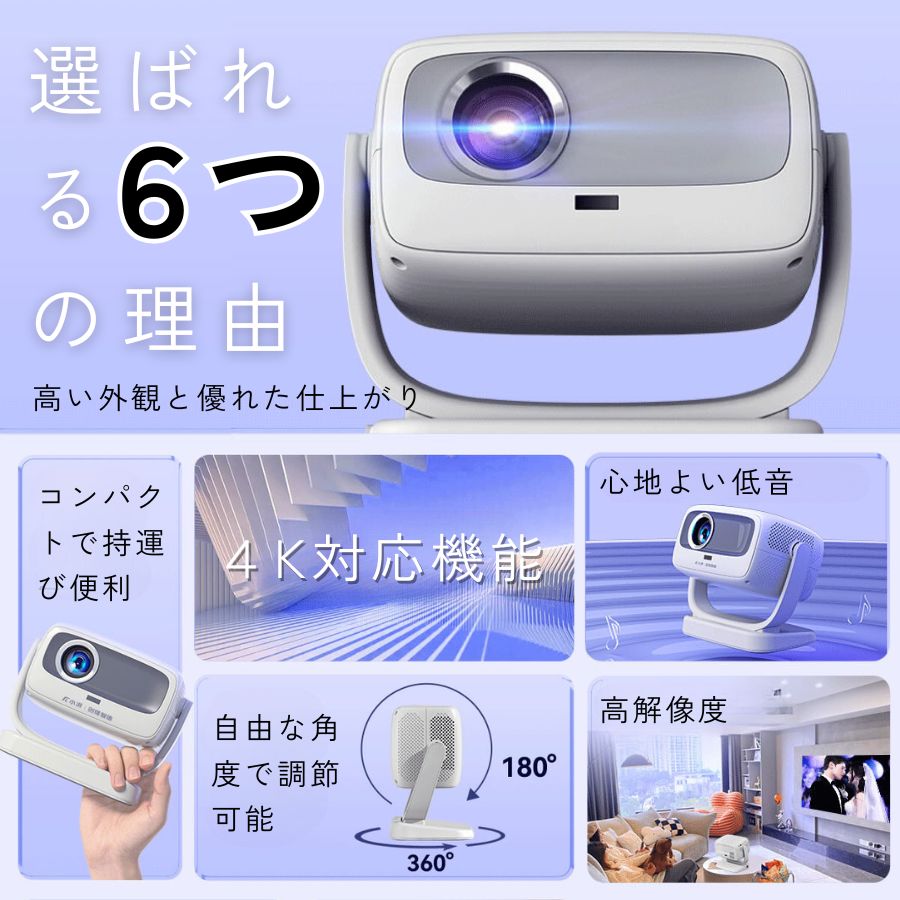 【最大360日保証｜日本企業】ワイヤレスプロジェクター スピーカー付き 180度回転 Bluetooth HDMI 4K ポータブルプロジェクター 高音質 調節 プロジェクター ポータブル 高解像度 プロジェクター 低音 強化 プレゼンテーション ゲーム ホームプロジェクター