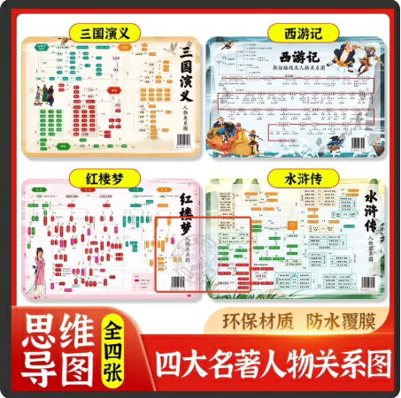 三国演義　紅楼夢　西遊記　水滸伝　人間関係　家系図　四大名作のマインドマップです。 4枚セットとなります。 製造：中国 材質:コーティング紙 言語:中国語(簡体) 商品サイズ:28.5 x 21.0 x 0.3cm 商品重量：62g 発送方法：メール便 ※輸入商品です。 出版(製造)年が古いものにつきましては中古品では無いものの経年劣化が見られる場合がございます。 程度の甚だしいものにつきましてはご注文の際にご確認させて頂きます。 弊店では店舗販売も同時に行っています。 商品が売り切れ場合も御座いますので予めご了承ください。