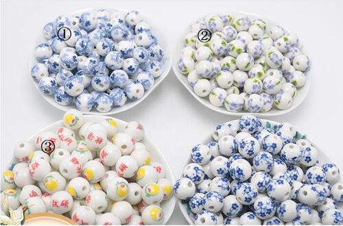 Rakuten - 花模様陶器ビーズ 12mm 　50個入り　景徳鎮diy　セラミックビーズ　中国結びパーツ