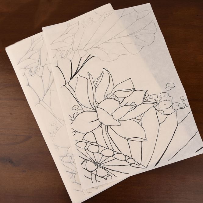 密画白描の原稿　模写練習　国画の水彩花鳥牡丹画仙紙　三種類模様14枚
