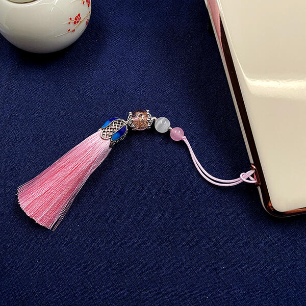 景泰藍キャップ付きアクリル宝珠キャップ付きフリンジ　七宝焼き　タッセル　ストラップ　全長15cm　中国結