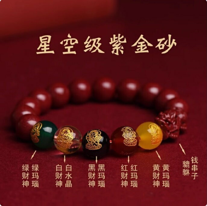 五路財神貔貅天然朱砂ブレスレット　（ひきゅう）　辰砂　珠直径8mm　10mm　12mm 　魔除け　化粧箱付/天然紫金砂貔貅朱砂手串五路财神