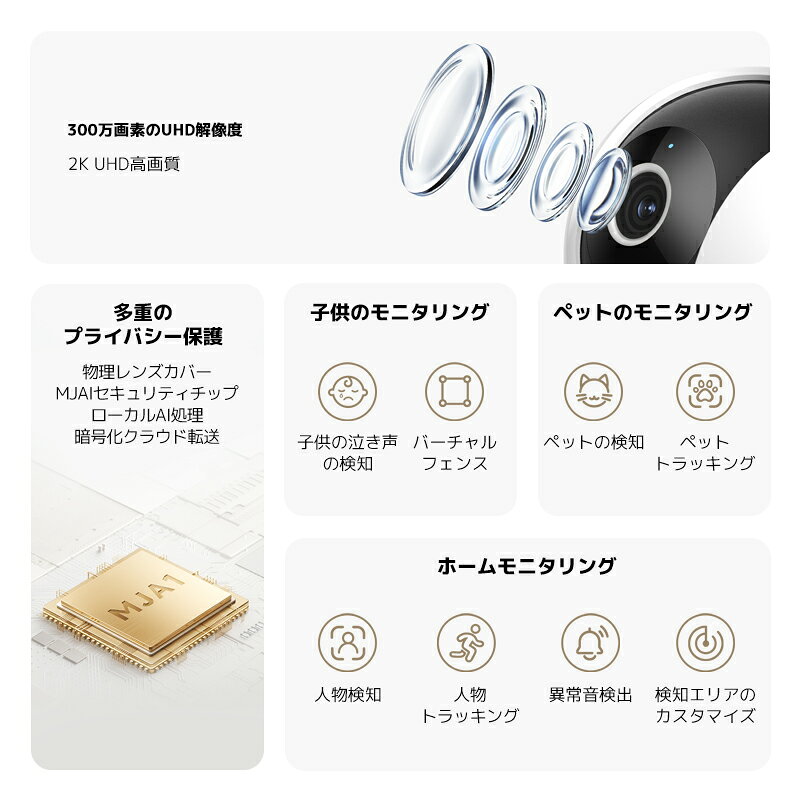 Xiaomi スマートカメラ C302 300万画素 2K UHD高画質 物理的な遮断 プライバシー保護 モニタリング 子供 ペット 見守り 家庭 安全 双方向音声通話 Bluetoothペアリング Wi-Fi 6 フルカラーナイトビジョン 赤外線 セキュリティ