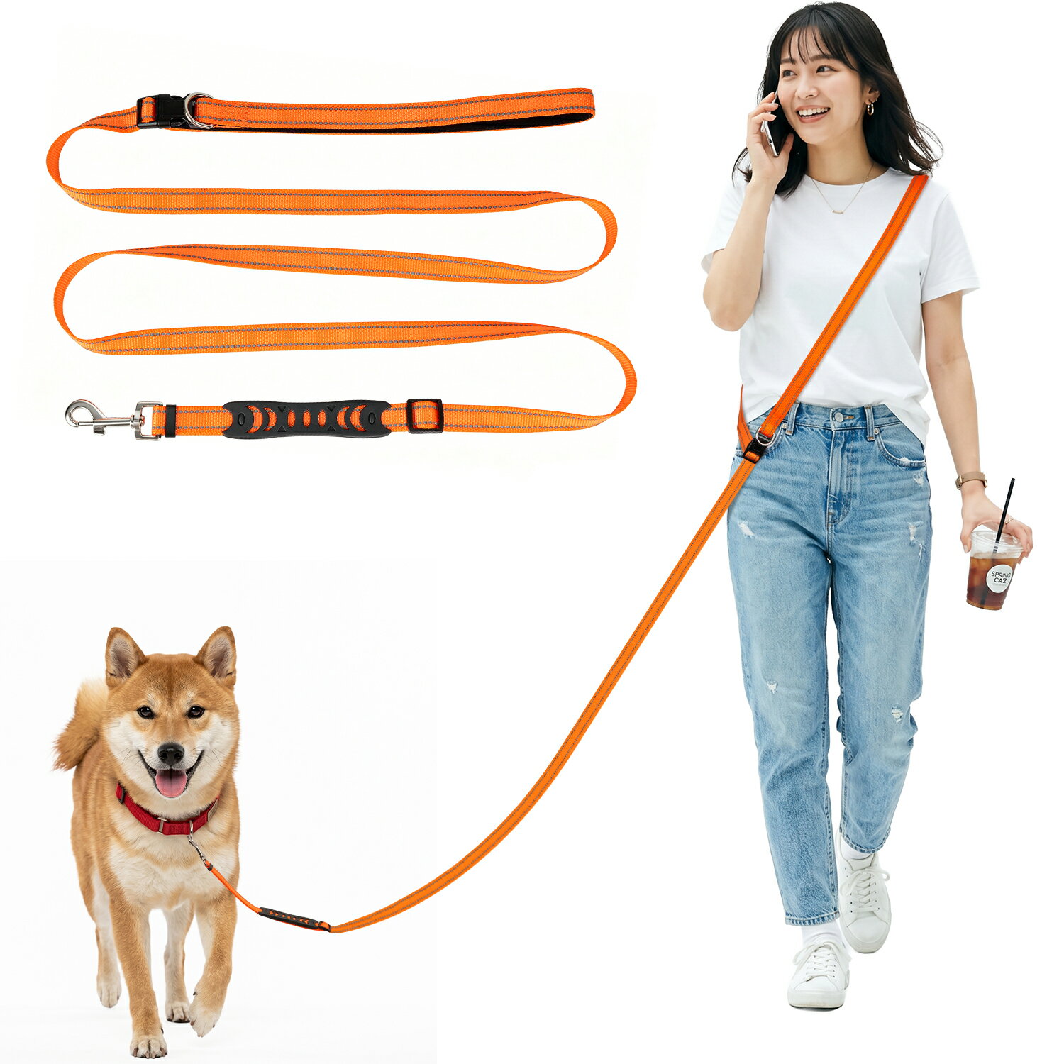XiaZ 改良型超軽量160g 犬 ショルダーリード ハンズフリー 1.45~2.35m 長さ調節可能 夜間反射 肩掛けクッション付き 長時間快適 4WAY多機能 斜め掛け 腰巻き 小型犬も軽やか 中型犬 大型犬用リード 散歩・トレーニング 手離し防止